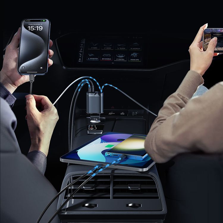 Porodo 45W Car Charger with Foldable Design, LED Voltage Display, 111W Maximum Output, Simultaneous Charging, Fast Charge Support, QC 36W, PD 45W, 80cm Type-C & Lightning Retractable Cables - Black