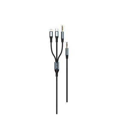 كابل جرين ليون 3 في 1 AUX مع اتصال من AUX إلى AUX + لايتنينج + USB-C، بطول 1.2 متر، عمر افتراضي يصل إلى 10000 انحناء، قطر السلك 3.5 مم، نواة نحاسية + غلاف ألومنيوم + مضفر نايلون - أسود