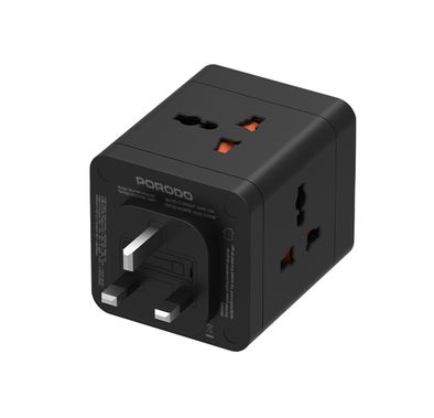Porodo 4-AC Universal Power Block Adapter with USB-C & Dual USB-A Ports, Fast Charge, 20W Power Delivery, Built-in Safeguards, Simultaneous Charging, 2500W Rated Power - Black