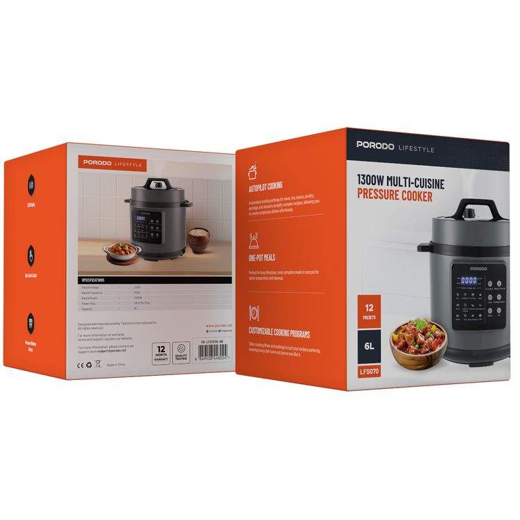 Porodo 1300W Multi-Cuisine Pressure Cooker with 6L Capacity & LED Display, One-Pot Meals, 12 Preset Functions, Pressure Release Button, One-Touch Control, Auto Pilot Cooking, Customizable Cooking Programs - Black