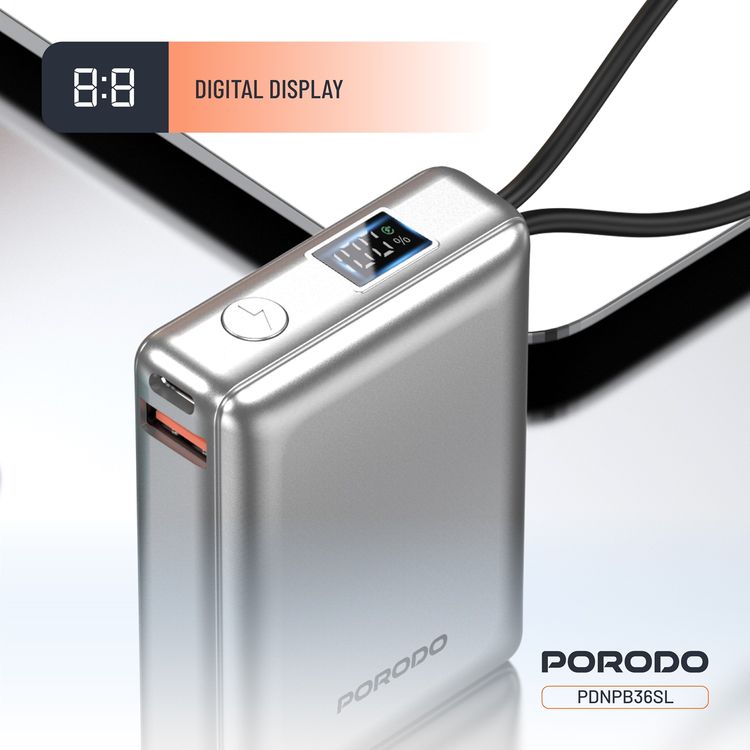 Porodo Petite 10000mAh Power Bank with Integrated Type-C & Lightning Cable, PD 20W, USB-A & USB-C Ports, Fast Charge Support, Digital Display, Universal Compatibility - Silver