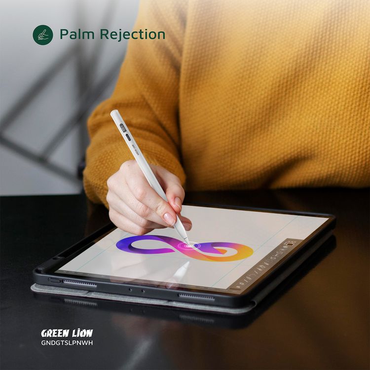 Green Lion Digital Stylus Pencil with Up to 15 Hours Working Time, Removeable & Replaceable Tip, 1.7mm Nib Diameter, OLED Screen Display, Auto-Sleep Mode, Palm Rejection - White