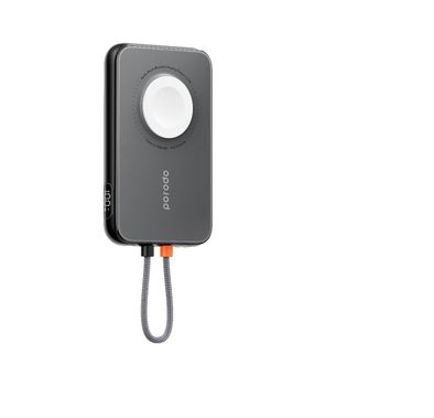 Porodo 5000mAh Power Bank with Type-C, Lightning Port and Watch Charger, Digital Display, PD 20W Fast Charging, Portable, Integrated Lightning Cable - Black 