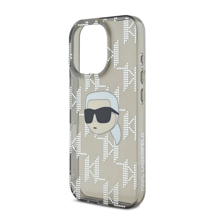 جراب Karl Lagerfeld IML الصلب مع تصميم Karl Head &amp; Monogram مطلي بالكهرباء لهاتف iPhone 16 Pro - أسود
