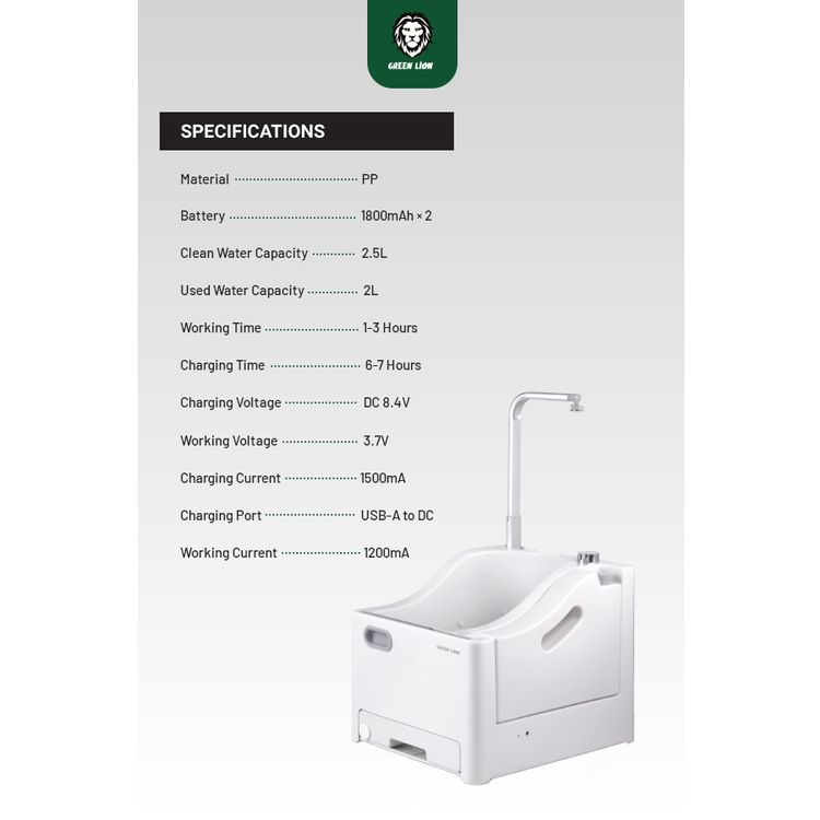  Green Lion Portable Wudu Machine with Pressure Foot Pedal, 2.5 L Clean Water Capacity, 2x1800 mAh Batteries, Lightweight Design, No Installation Required, Safe to Use - White