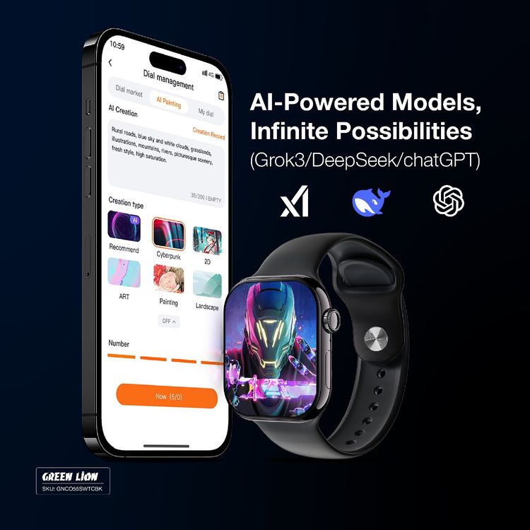 Green Lion Communicate Smart Watch with 2.07" IPS Dispaly, 380mAh Battery Capacity, Wireless Charging, AI Voice Assistant, 1GB Flash, 3-5 Days Working Time - Black