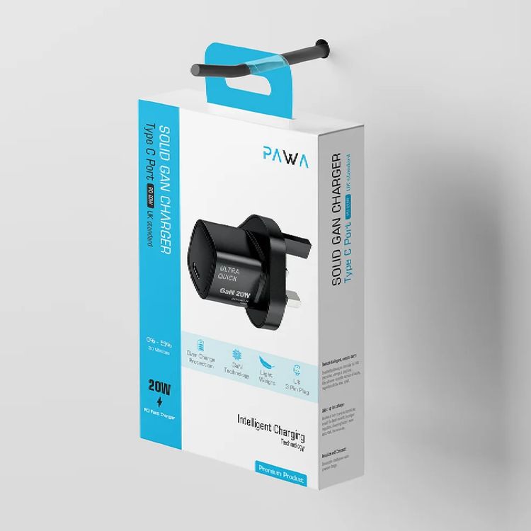 Pawa GaN Charger PD 20W Type-C Port UK Standard - Black