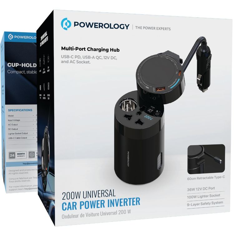 Powerology 200W Universal Car Power Inverter with LED Voltage Display, 100W Lighter Socket Output, 60cm Retractable USB-C Cable, 9-Layer Safety System, 138W Total Output, Fast Charge - Black