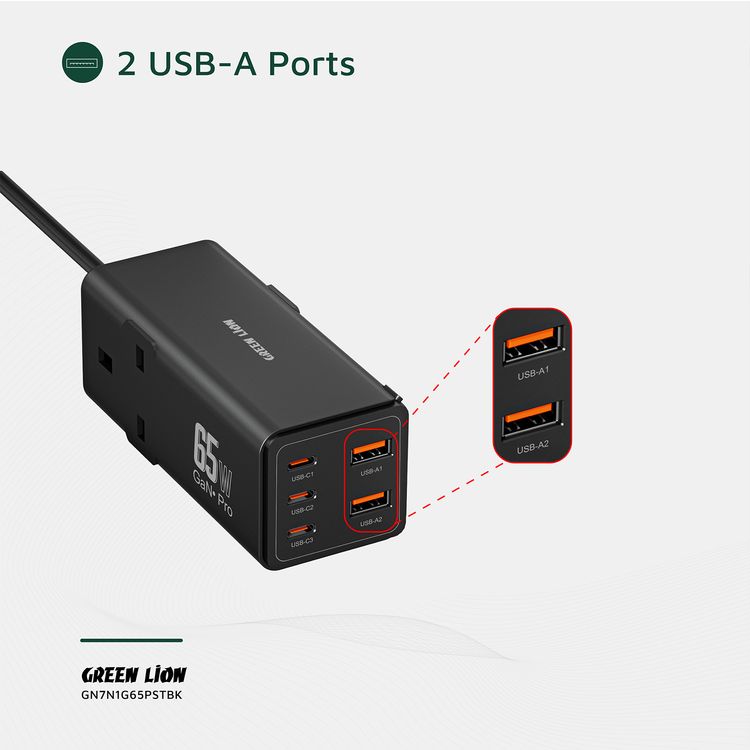 شريط الطاقة من جرين ليون 7 في 1 بقوة 65 واط من نوع GaN مع طاقة 3250 واط، مصنوع من مادة مقاومة للاشتعال من نوع PC، مع خاصية PD بقوة 65 واط، مغالق أمان، 3 منافذ نوع-C و 2 منافذ USB-A، 2 مآخذ كهرباء AC، متوافق على نطاق واسع - باللون الأسود.
