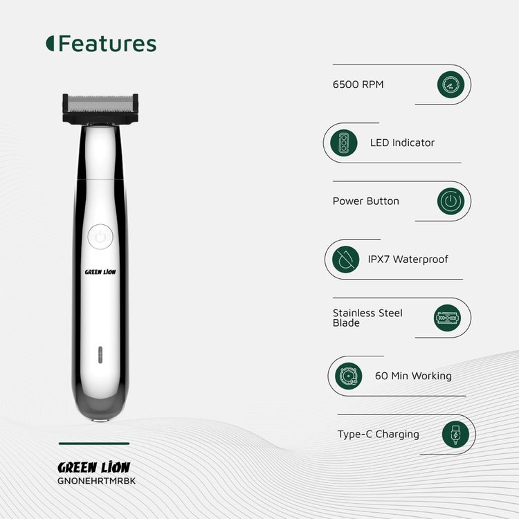 Green Lion One Blade Pro Hair Trimmer with 4 Interchangeable Combs, Up to 60 Minutes Working Time, 6500RPM Motor Speed, LED Indicator, Stainless Steel Blade - Black