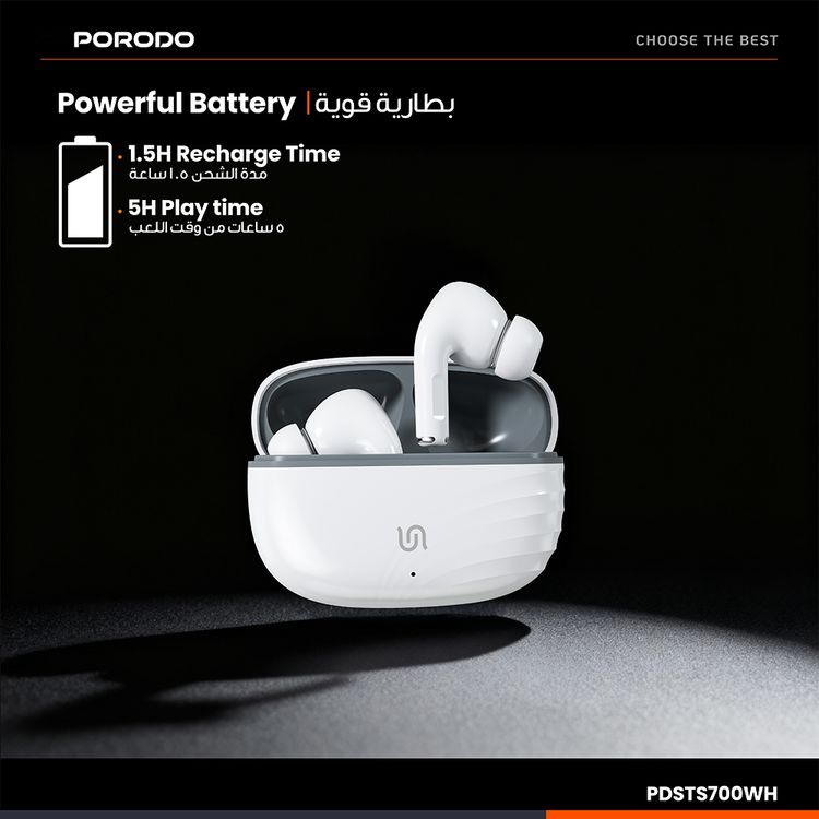 Porodo Nimbus True Wireless Earbuds with Stereo Sound, Voice Assistant, Touch Control, 5 Hours Play Time, 1.5 Hours Charging Time, Type-C Charging Interface, 180mAh Battery Case Capacity, Bluetooth Version 5.4 - White