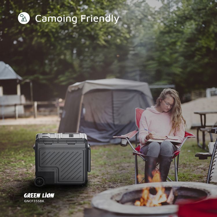 Green Lion GFC-35 Car Fridge with 35L Capacity, Bottle Opener, Touch Control Display & Interior Lights, Dual Power Supply, Child Safety Lock, Two Shelves, Quiet Operation - Black