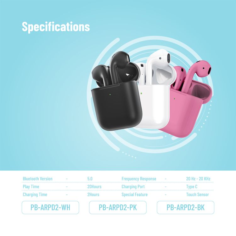 Porodo Blue Deep Bass Wireless Earbuds 2, One-Step Pairing, Comfortable Fit, Independent Earbuds, Touch Control, Deep Bass - Black