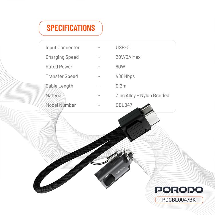 Porodo Chargeloop Keychain USB-C to USB-C Data Cable with 60W PD Output, 480Mbps Data Transfer Rate, 20cm Cable Length, Durable Zinc Alloy & Nylon Braided Material, High-Speed Charging, Compact Design - Black