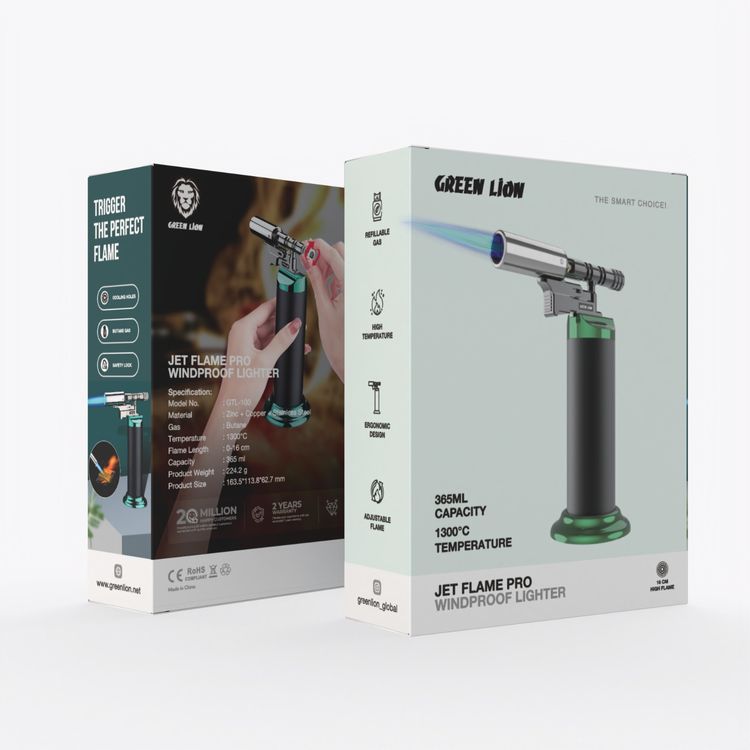 Green Lion Jet Flame Pro Windproof Lighter, 365 ml Capacity, Refillable Gas, Safety Lock, Butane Gas - Black