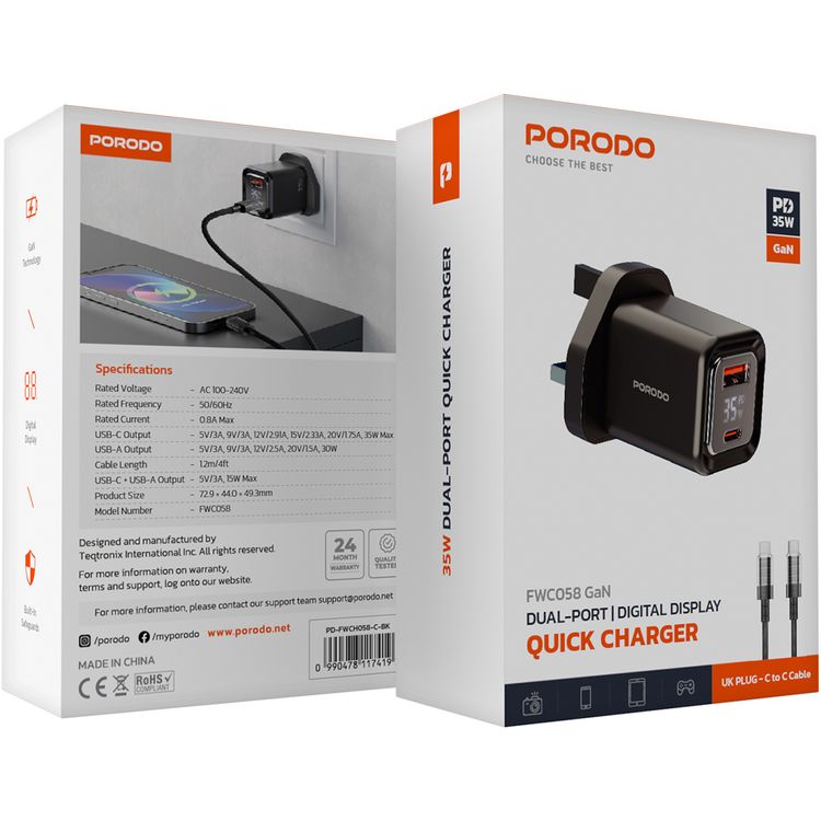 Porodo Dual-Port Quick Wall Charger with Type-C to Type-C Included, 35W Power Delivery, Built-in Safeguards, Digital Display, 0.8A Maximum Rated Current, GaN Technology - Black