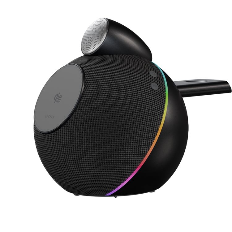 Levelo Aira 2-in-1 Wireless Charger with Built-in 10W Speaker, Shock-Absorbing Bottom Pad, Dual-Frequency Bionic Cavity, Ambient Glow Light, Qi2.2 Technology, Integrated Sound, N52 Strong Magnets, 10m Transmittance Distance, Compact Sphere Design, Impressive Sound - Black