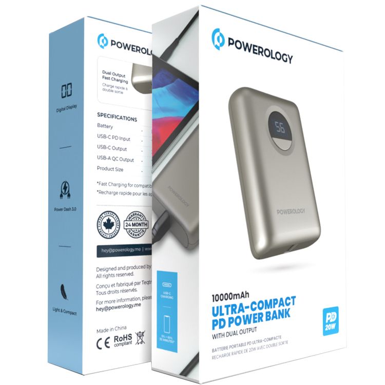 Powerology Ultra-Compact PD 10000mAh Power Bank with Digital Display, 20W Power Delivery, USB-A QC 18W, 0%-60% Charge in 35 Minutes, PowerDash 3.0, Lithium-ion Battery, Lightweight & Compact - Titanium