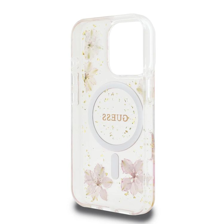 Guess MagSafe Hard Case with Resin Flowers Design for iPhone 16 Pro, Drop protection, Comfortable Grip - Pink