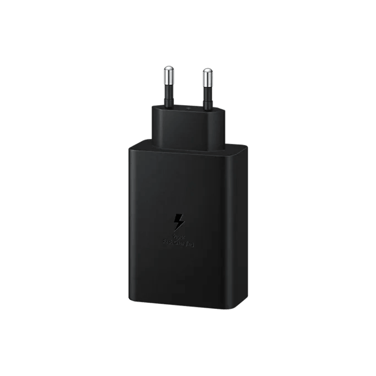 شاحن السفر سامسونج تريو 65 واط، 2 منفذ USB-C و1 منفذ USB-A، شحن سريع جداً SFC 2.0، جهد كهربائي مدخل 100-240 فولت، شحن متعدد الأجهزة، طرق حماية آمنة - أسود