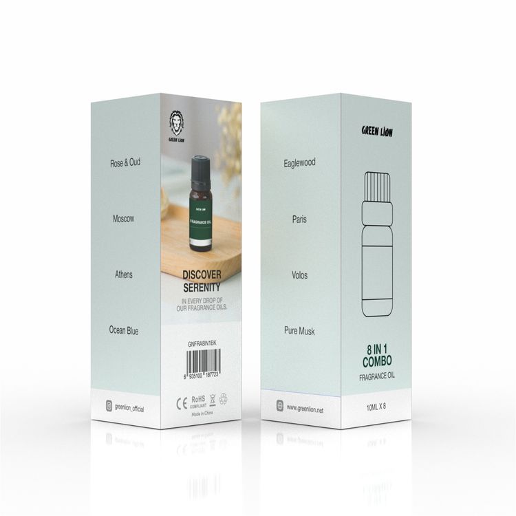 Green Lion 8 IN 1 Combo Fragrance Oil Set, 8×10ml, Pure Musk, Volos, Paris, Eaglewood, Ocean Blue, Athens, Moscow, Rose & Oud - Black