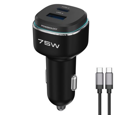 Powerology 75W Dual-Port High-Power Car Charger with USB-C to USB-C Cable, USB-C & USB-A Ports, 75W Total Output, 45W Power Delivery, LED Ambient Light, Fast Charge, Zinc Alloy with Oil Painting Finish Material - Black / Gray