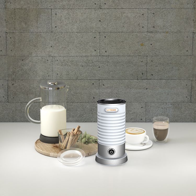LePresso Hot & Cold Milk Frother, Portable & Lightweight Design, 110mL Frothing Capacity, 200mL Regular Heating Capacity, Safe & Reliable, One-Touch Operation, Non-Stick Material - White
