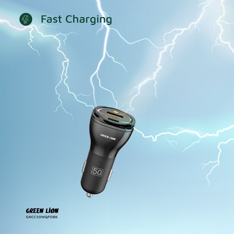 Green Lion Dual Port Car Charger with PC Flame Retardant Material, Fast Charging, QC 20W & PD 30W Output Ports, Ultra Portable - Black