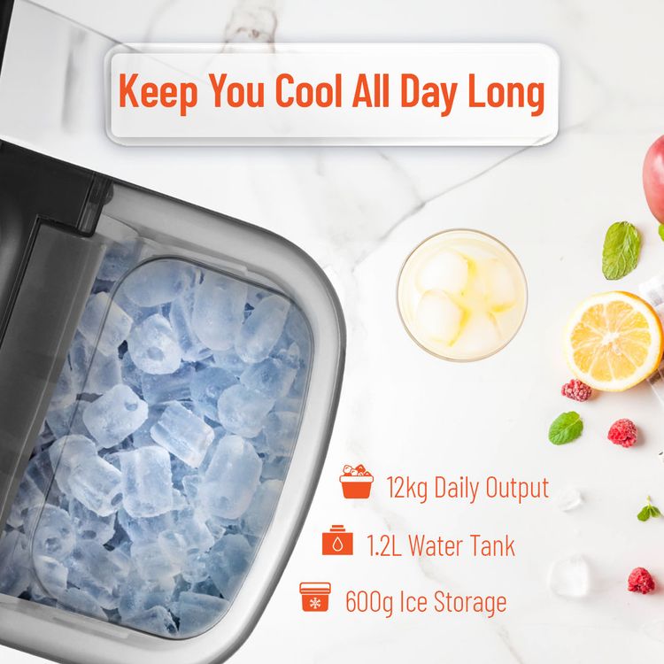 صانع الثلج الفوري بورودو لايفستايل بغطاء شفاف، إنتاج سريع للثلج، تصميم موفر للمساحة، لوحة تحكم سهلة الاستخدام، 12 كجم من الثلج في 24 ساعة، يتضمن ملعقة ثلج، سعة 0.6 كجم من الثلج - لون فضي