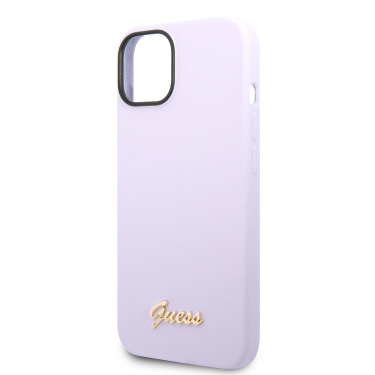 Guess Liquid Silicone Case With PC Camera Outline & Script Metal Logo - iPhone 14 - Purple