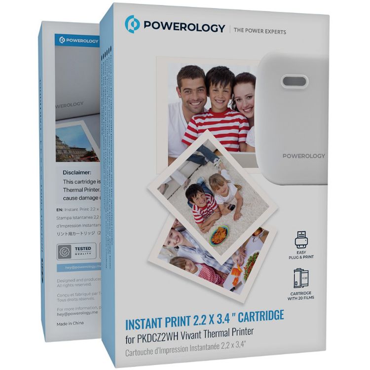 Powerology Instant Print Cartridge for PKDCZ2WH Powerology Vivant Thermal Printer Only, 20 Pieces of Film, 2.2×3.4 Inches Film Size, Special Layer of Coating, High Heat Sensitivity, Durable & Quality Print, Easy Plug & Print - White