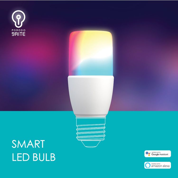 Porodo Brite Smart LED Bulb with 16 Million RGB Colors, Voice Command, Music Rhythm Sync, Automated Timer, WiFi Connectivity, 610 Lumens of Brightness - White