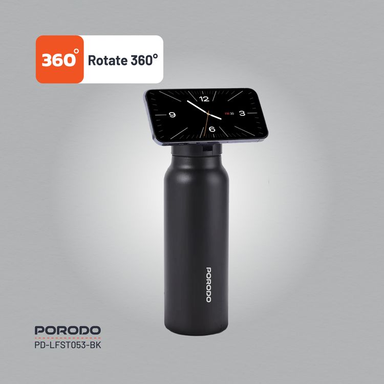 Porodo Magnetic Mount Water Bottle with Strong Magnetic Hold, Stainless Steel Material, Double-Wall Insulation, Versatile and Portable, Strong Magnetic Hold, Works with MagSafe, Wide Round Mouth - Black 