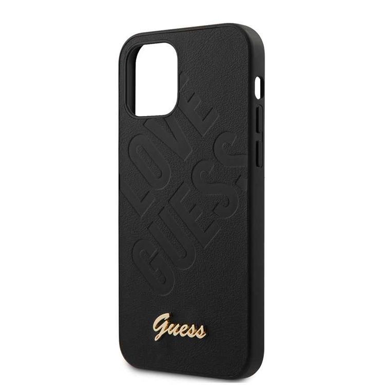 CG MOBILE Guess PU Iridescent "LOVE" Debossed Phone Case with Metal Logo Compatible for iPhone 12 / 12 Pro (6.1") Drop Protection Mobile Case Officially Licensed - Black