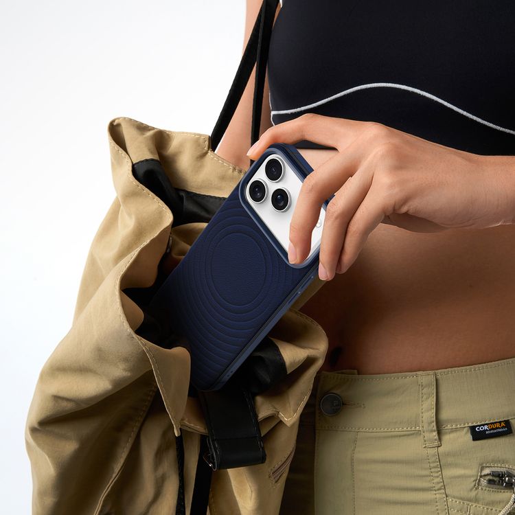 Levelo Spirale PU Leather Hybrid Case for iPhone 17 Pro, MagSafe Compatible & Strong Magnets, Impact-Resistant, Shock-Resistant Bumper, Aluminum Alloy Frame for Camera & Edges, Drop-Tested - Midnight Blue