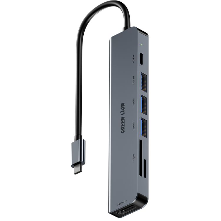 Green Lion 7-in-1 USB-C Hub with 3× USB-A, HDMI, TF/SD Card & USB-C Ports, Aluminum Alloy Material, 4K@30Hz Resolution, 5 Gbps Data Transfer, 16.7cm Cable Length - Gray