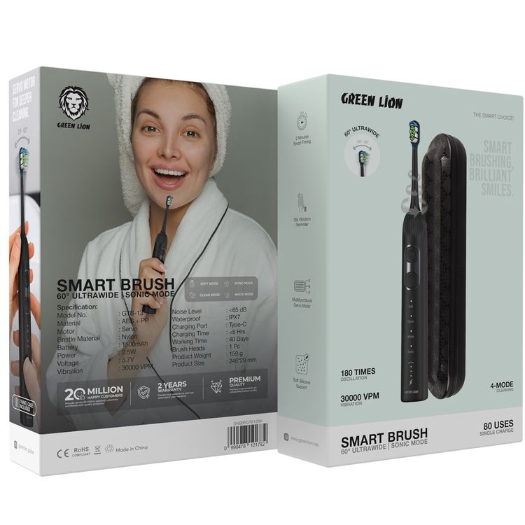 Green Lion Smart Brush 60° Ultrawide with Multifunctional Servo Motor, 2 Minutes Smart Timing, Up to 80 Uses Possible Per Each Charge, Soft Silicone Support, Travel Case Included, 60° Rotation, 30 Seconds Vibration Reminder - Black