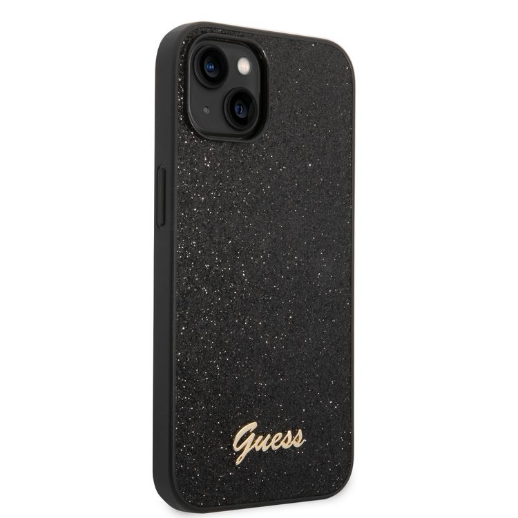 Guess PC/TPU Glitter Flakes Case with Script Metal Logo iPhone 14 Compatibility - Black