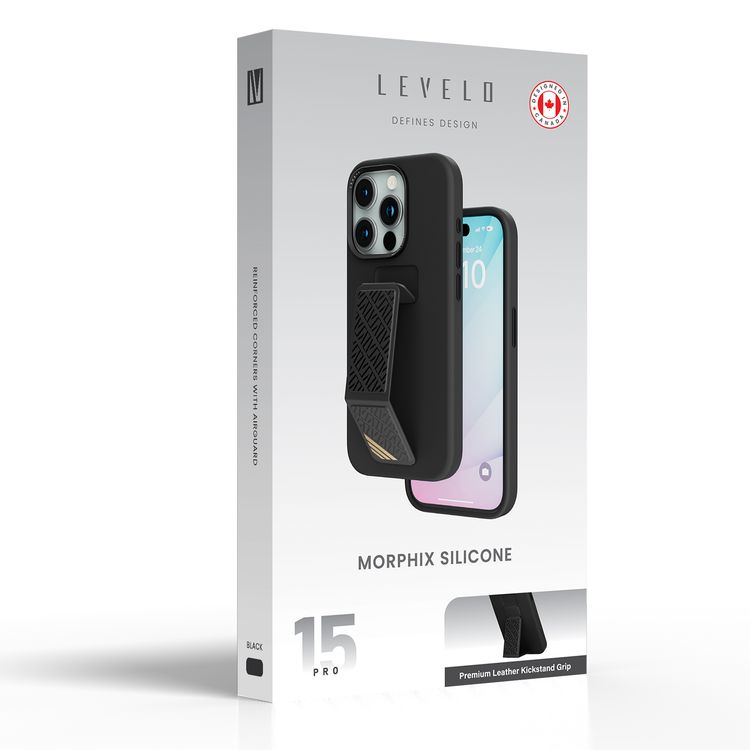 Levelo Morphix Silicone Case with Leather Grip for iPhone 15 Pro, Premium Leather Kickstand Grip, Multi-Positioning Modes, Shock-Proof Edges, 3H Anti Scratch, Built-In Grip, Magnetic Case - Black