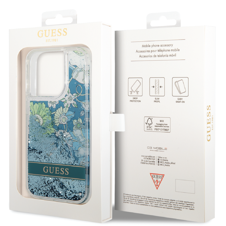 Guess Liquid Glitter Case with Flower Pattern Extra Shine Smooth Touch Feel iPhone 14 Pro Compatibility - Green