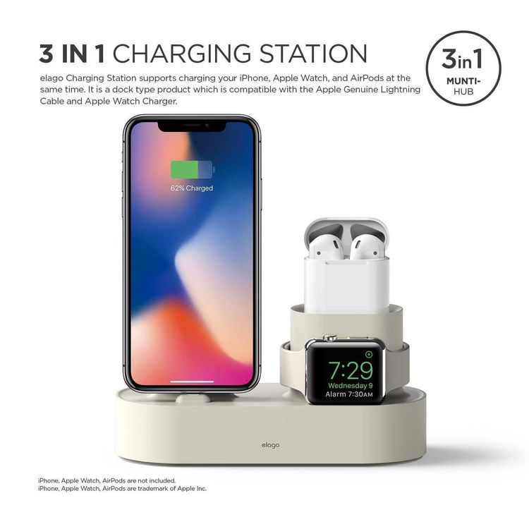 Elago 3 in 1 Silicone Charging Hub Case, Charging Dock Cover with Cable Management Compatible for All Apple Watch Series, AirPods 1 & 2, and iPhone X, XS, XS Max, XR - Classic White