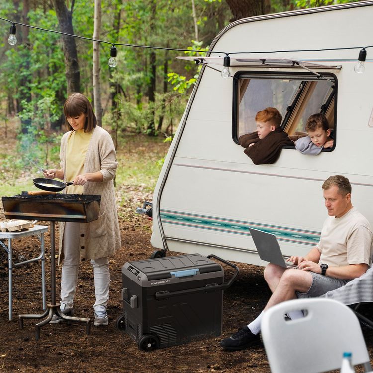 ثلاجة باورولوجي المحمولة مع حجرتين وعربة، سعة 60 لتر، 57 واط، سعة بطارية 20800 مللي أمبير - رمادي