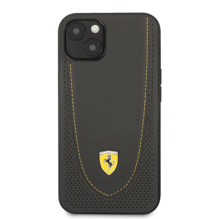 CG MOBILE Ferrari Genuine Leather Hard Case with Curved Line Stitched & Perforated Leather Compatible for iPhone 13 (6.1") Shock & Scratches Resistant