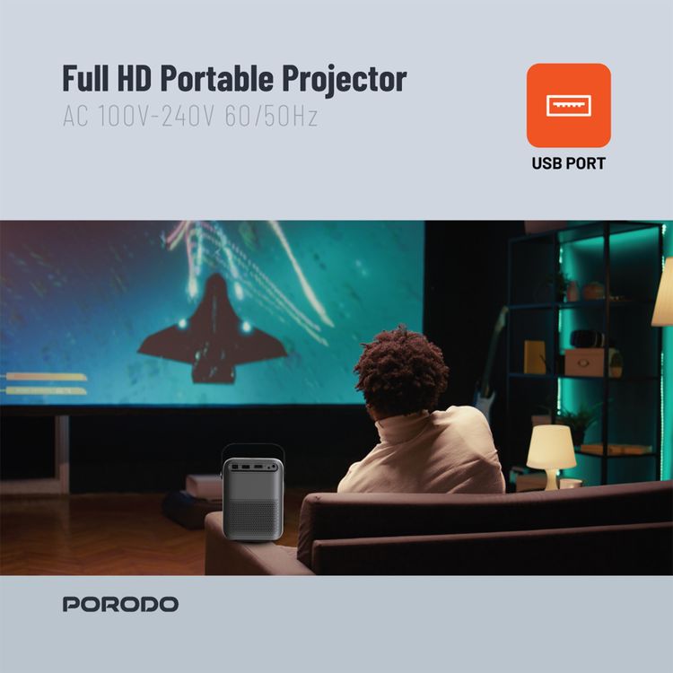 Porodo Full HD Portable Projector with 1920x1080 pixels Resolution, 3000 Lumens, 16:9, 4:3 Aspect Ratio, 45W Power, AC 100V-240V 50/60Hz, 3.5mm AUX, USB, HDMI Ports - Black