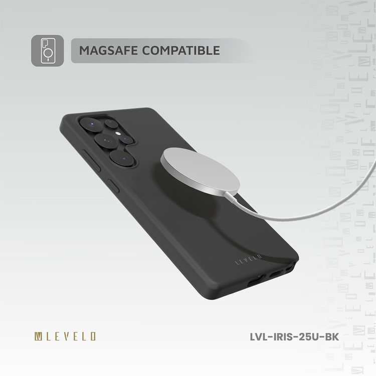 Levelo Iris Case for Samsung Galaxy S25 Ultra with MagSafe Compatibility, Premium Liquid Silicone Material, Impact-Resistant Corners, Metal Camera Ring, Strong MagSafe Magnet - Black