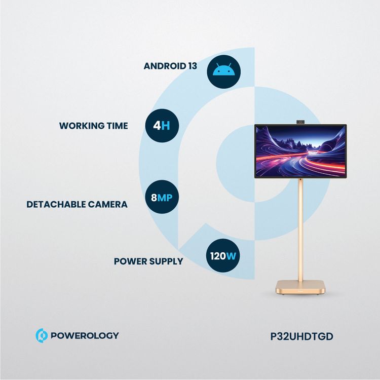 Powerology 32" Google 4K Screen with 4K Camera, 8GB RAM, 128GB Memory, 9800mAh Battery, 16.7M Colors, Android 13, 4 Hours Working Time, Dual 10W Speakers, 2.5 Hours Charging Time - Gold