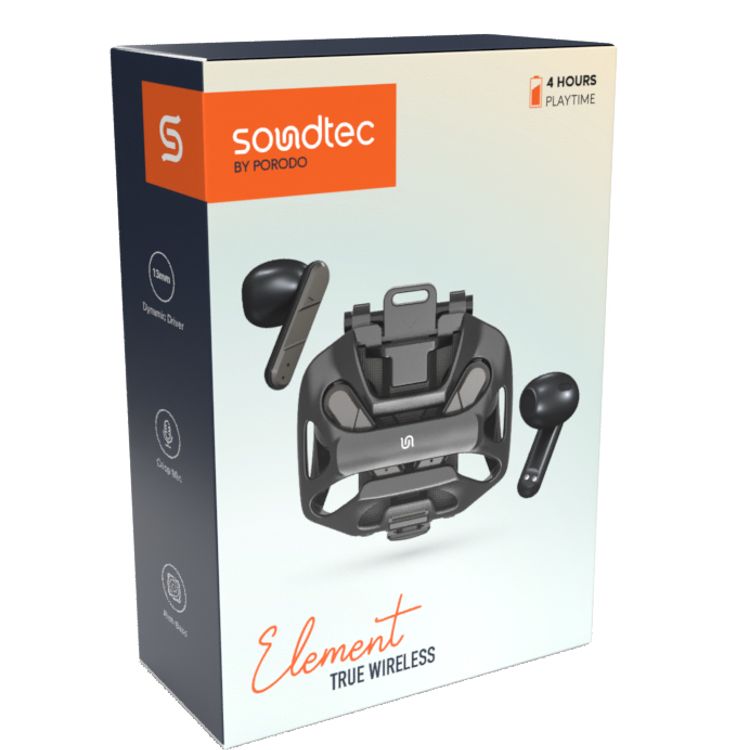 Porodo Soundtec Element True Wireless Earbuds with Rich Bass, Crisp Mic, Low Iatency, Toch Controls, 4 Hours Playtime, 5.3 Bluetooth Version - Black