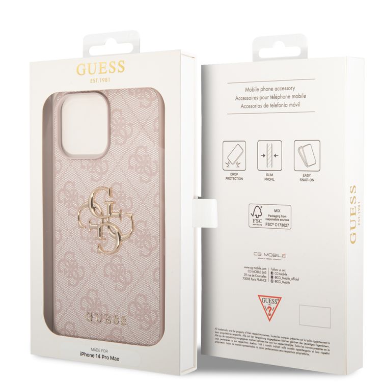 Guess PU Leather 4G Classic and Stylish Case with Big Metal Logo iPhone 14 Pro Max Compatibility - Pink