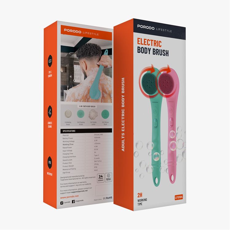 Porodo Lifestyle Electric Body Brush, Soft Bubble Loofah, Soft Cleaning Bristle, 2 Levels Speed, Type-C Charging Port, Soft Silicone Brush - Pink