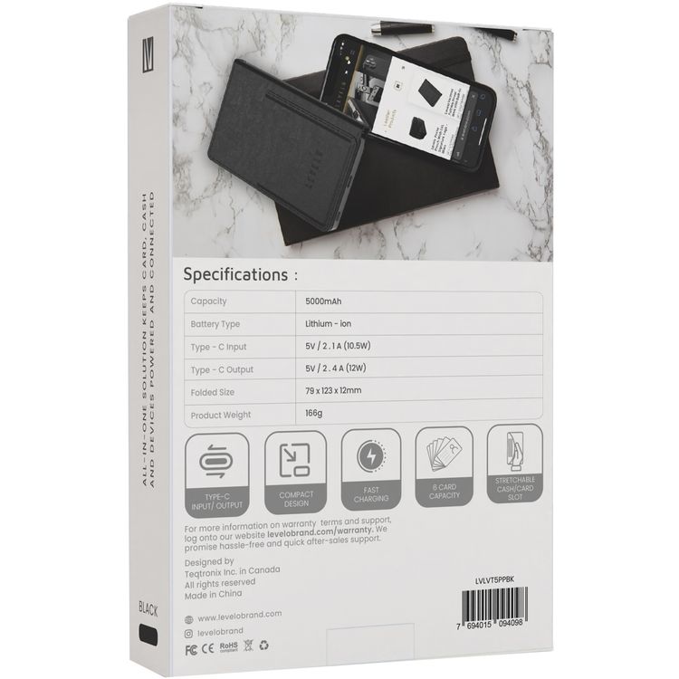 Levelo Vermont 3-in-1 Portable Wallet Power Bank,  5000mAh Battery Capacity, Lithium - ion Battery, Aluminum + PU Leather Finish Material, Fast Charging - Black